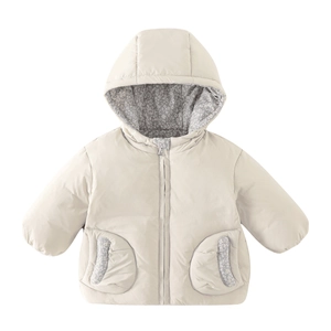 Thick hooded winter jacket for babies with white duck down and floral lining