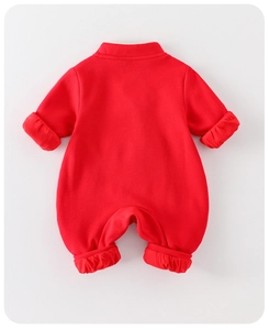 Detail view of the back of a thick red winter romper for newborn babies with soft cotton