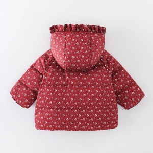 Toddler girl winter down jacket in dark red with white floral print and ruffled hood