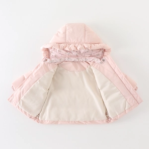 Pink hooded winter down jacket for toddler girls with floral lining and ruffle trim