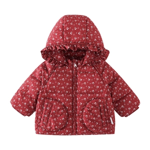 Winter padded floral puffer jacket for toddler girls with warm hood and zipper closure