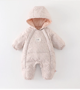 Detail showing the snap buttons at crotch and floral print of pink baby winter romper
