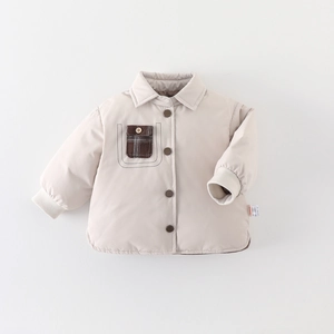 Doudoune d'hiver épaisse beige pour tout-petits avec doublure polaire et poche à carreaux