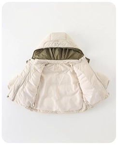 Front view of cream hooded winter puffer jacket with contrasting olive green lining detail