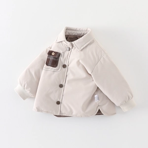 Doudoune d'hiver épaisse beige pour bébé garçon avec poche à carreaux et poignets côtelés