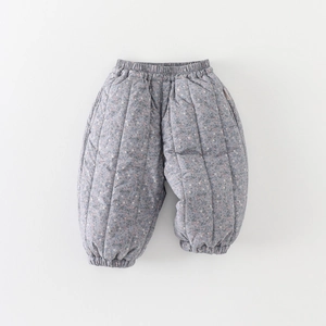 Quilted floral baby winter pants in blue featuring warm thick fleece and elastic cuffs