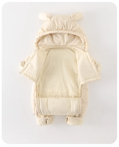 Detail view of baby hooded romper with animal ears and quilted windproof fabric