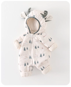 Detail of baby winter romper with reindeer antlers hood and forest animal prints