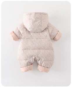 Close-up of baby floral winter romper with hooded design and thick fleece insulation
