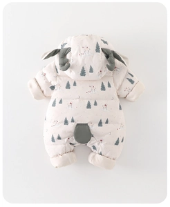 Detail of baby winter romper featuring reindeer antlers hood and thick fleece insulation