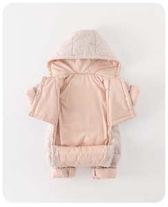 Detailed quilted texture and pink floral pattern on a warm padded baby snowsuit