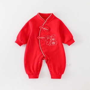 Infant Baby Romper Long Sleeve Festive Red Bodysuit Chinese Style Jumpsuit For Newborn Toddler Celebration Clothes