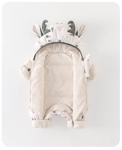 Detail of baby winter jumpsuit with forest reindeer print and cute 3D elk ear hood