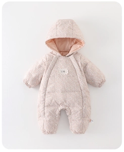 Detailed view of the pink floral baby winter romper featuring delicate white lace embroidery