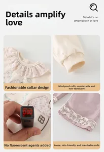 Detailed views of cotton girls set featuring floral ruffle collar and windproof cuffs