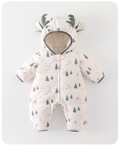Detailed view of baby winter hooded romper featuring reindeer horns and forest pattern
