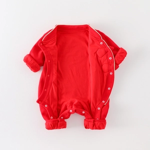 Winter red cotton newborn baby romper with snap buttons and soft ribbed cuffs