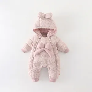 Baby Girl Winter Floral Down Romper Hooded Jumpsuit With Bow Warm White Duck Down Thickened Padded Snowsuit For Infants