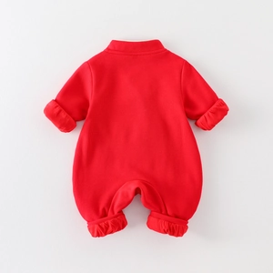 Red long sleeve cotton newborn baby romper bodysuit for winter festivals and celebrations