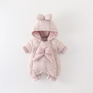 Winter infant girl hooded romper with pink floral pattern and bowknot detail