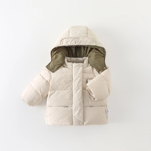 Thick winter baby down jacket in cream white with olive green hooded lining for kids