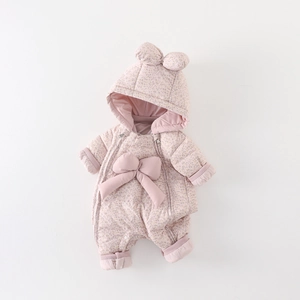 Pink floral puffer jumpsuit for baby girls with a cute hood and large bow detail