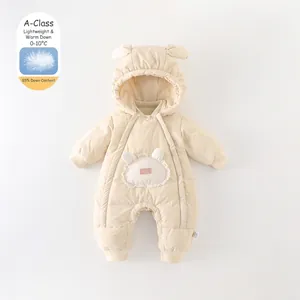 Baby Winter Padded Quilted Hooded Jumpsuit Infant Girl Warm White Duck Down Romper Cute Animal Ears Outerwear Snowsuit