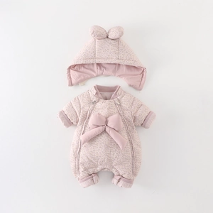 Winter floral baby girl down jumpsuit with 3D bow and matching bear ear hat