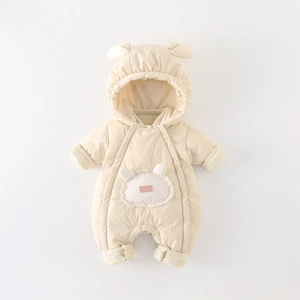 Winter infant hooded thick warm romper with cute animal ears and bear pocket in cream