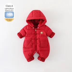 Combinaison de Neige à Capuche d'Hiver pour Bébé Rembourrage en Duvet de Canard Blanc Barboteuse une Pièce Rouge Chaud