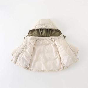 Winter infant hooded puffer jacket in beige with olive lining and zipper closure