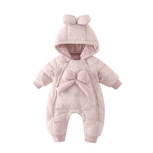Pink floral infant girl down romper with bow hood and dual zippers for winter warmth