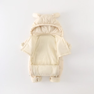 Winter infant hooded romper with bear ears in cream white fleece, warm and cozy baby snowsuit
