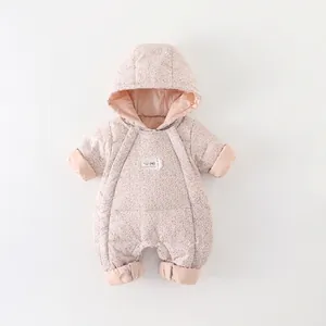 Infant Baby Girl Winter Floral Hooded Down Jumpsuit Thickened Warm Romper Outerwear With White Duck Down Filling For Newborns