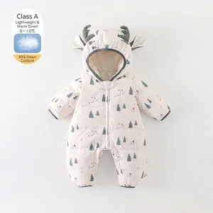 Infant Winter Down Romper Thickened Warm Hooded Snowsuit With 3D Antlers Deer Pattern For Baby Boys Girls Outerwear
