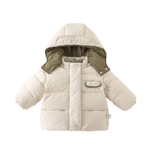 Winter padded baby puffer jacket with hood in off-white and olive green lining
