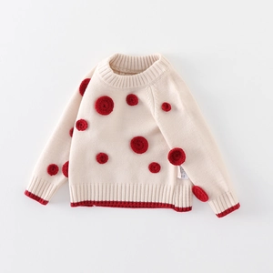 Winter infant thick knit sweater in off-white with red polka dots and contrast trim