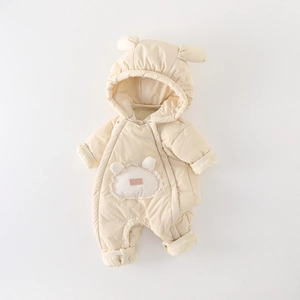 Thick fleece lined hooded baby romper in creamy yellow with quilted warm fabric