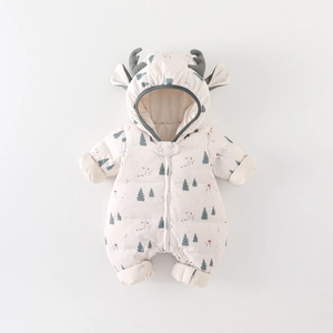Thick winter baby hooded romper with reindeer antlers and festive forest print in cream