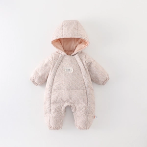 Winter hooded floral romper for baby girls with soft fleece lining and snap buttons