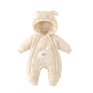 Winter fleece thickened infant romper with bear ears and lace patch in cream white