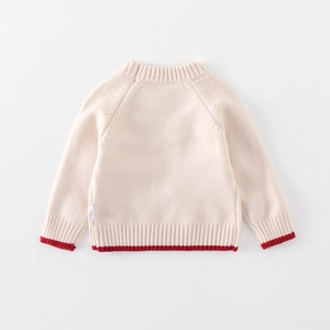 Winter thick baby sweater in beige with raglan sleeves and red contrast ribbing edges