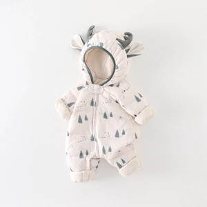Infant winter hooded romper with deer antlers and forest print in light beige color