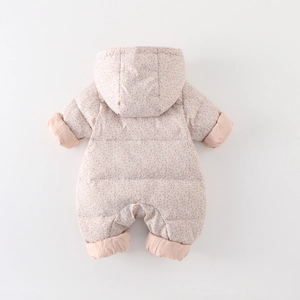 Thick floral baby girl hooded romper with pink lining for warm winter outdoor wear