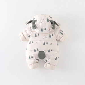 Winter infant down jumpsuit with deer print, warm fleece lining and hood with antlers