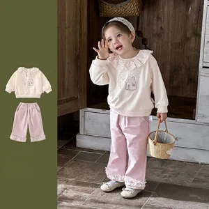 Toddler Baby Girl Spring Clothes Set Long Sleeve Sweatshirt With Ruffled Floral Collar House Embroidery Pink Pants Two Piece Outfit