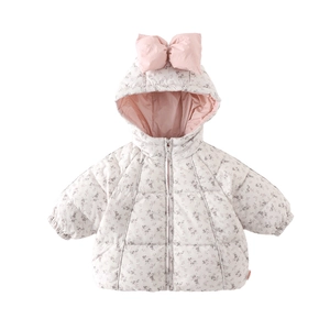 Chaqueta de plumón de invierno para bebé con estampado floral y capucha con lazo rosa