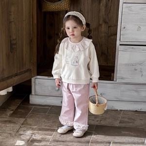 Toddler girls spring long sleeve outfit with ruffle collar and floral embroidery set