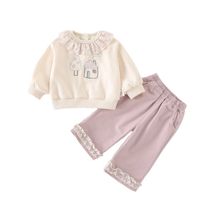 Baby girl ruffle long sleeve sweatshirt and wide leg pants set with floral details