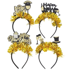 Set of four black and gold Happy New Year headbands with tinsel and sequin party motifs